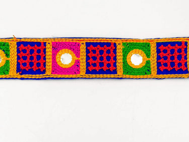 Indian Royal Blue Cotton Fabric Mirror Trim Embroidered in Red, Yellow, Green and Pink